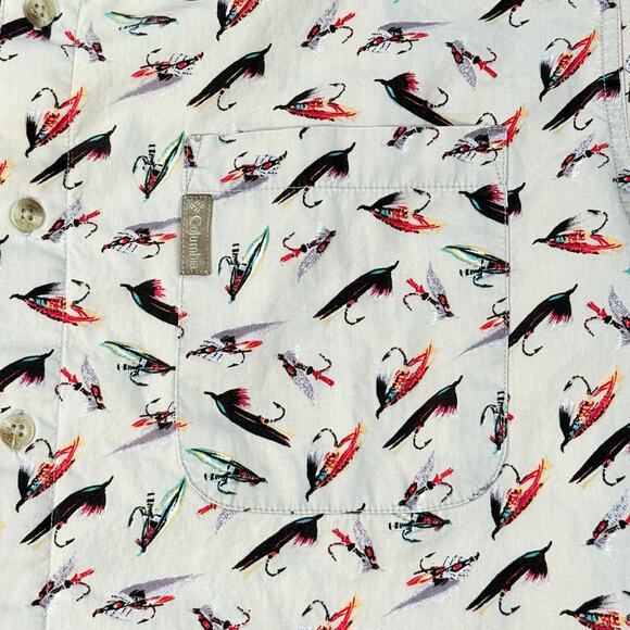 Columbia Fly Fishing Lure Print Shirt Men’s L Beige Short Sleeve Button Down - Picture 4 of 7